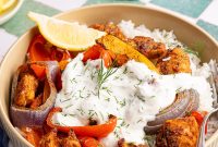 Mediterranean Sheet Pan Chicken with Lemon Garlic Yogurt Sauce