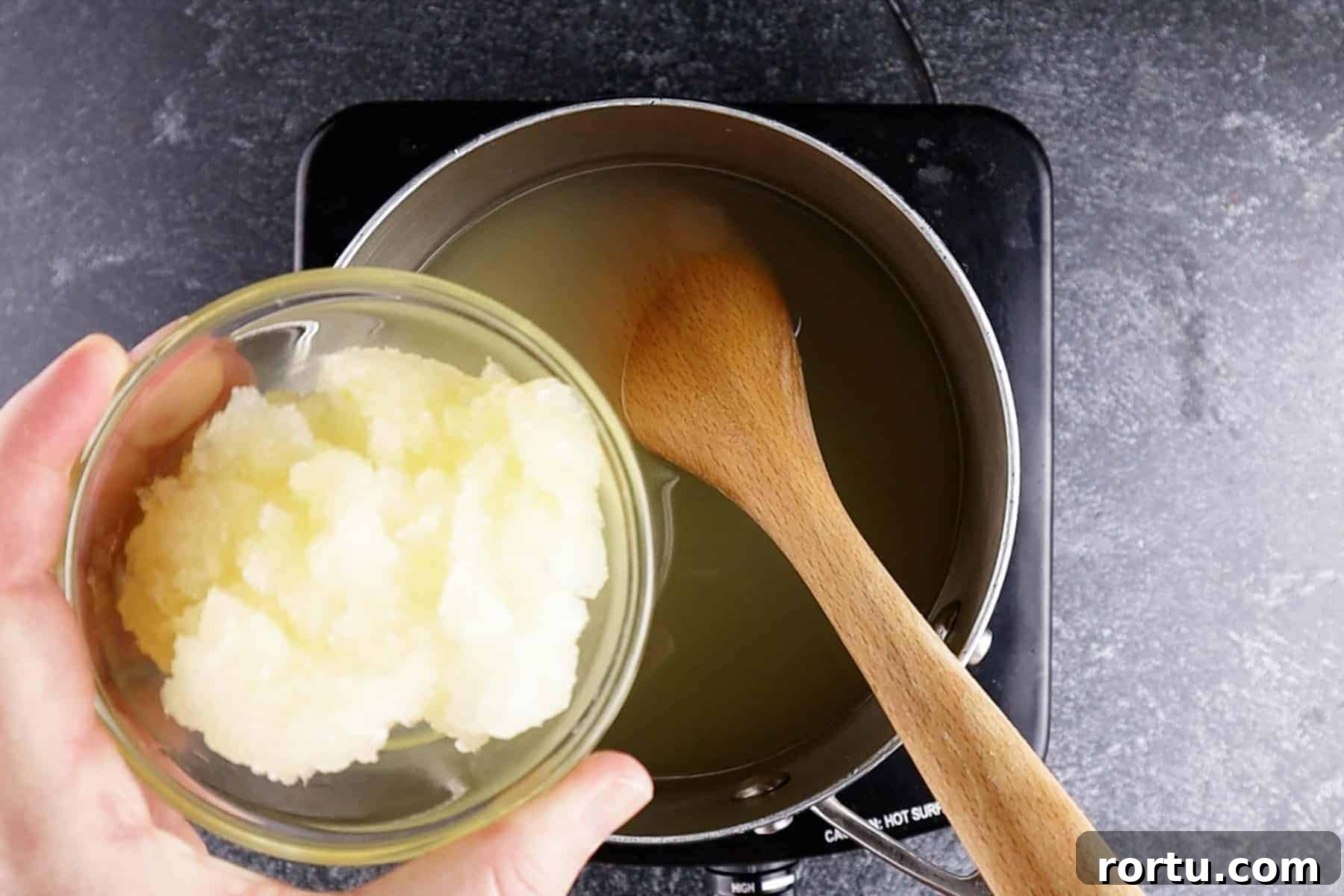 adding lemonade concentrate to sauce pan