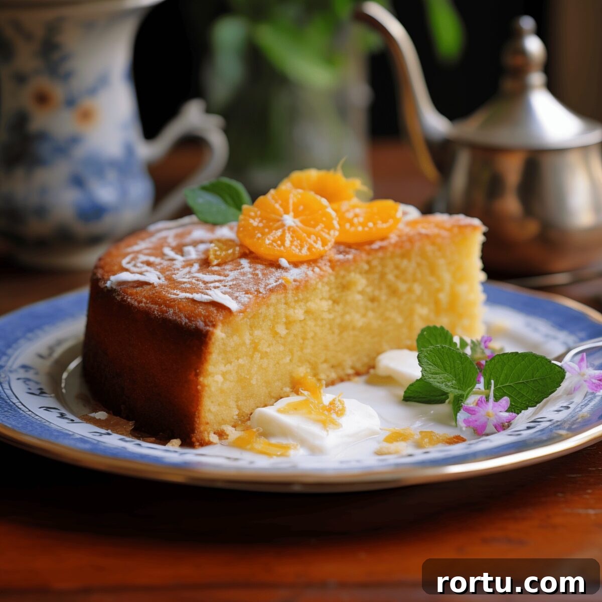 Ballymaloe Tunisian Orange Cake Recipe — Gluten-Free Version 10 Half of a cake on a plate with fresh orange on top