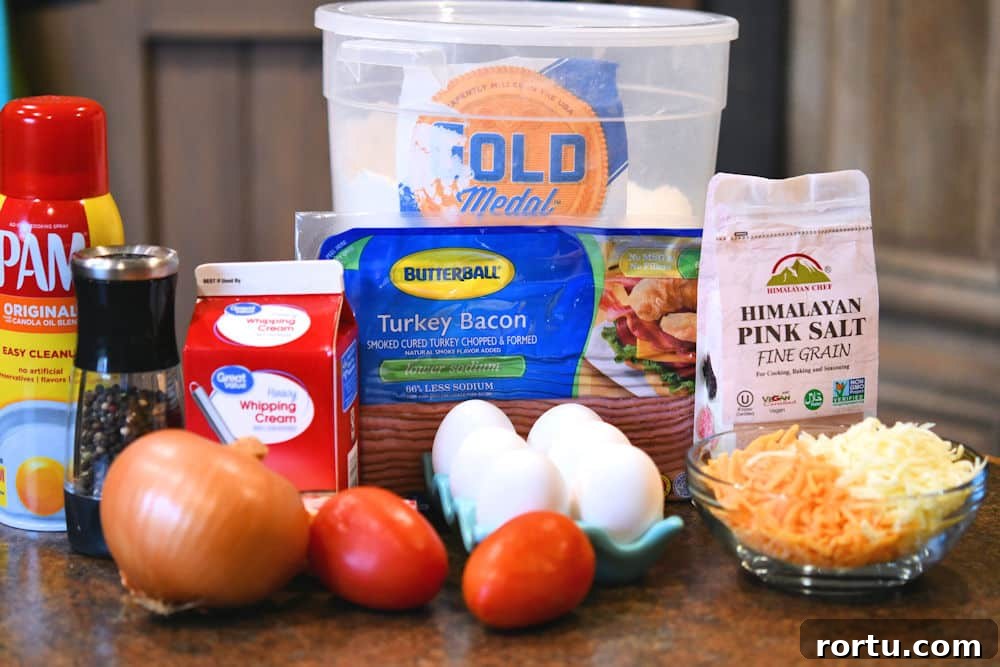 Ingredients for bacon and eggs breakfast pizza on a countertop