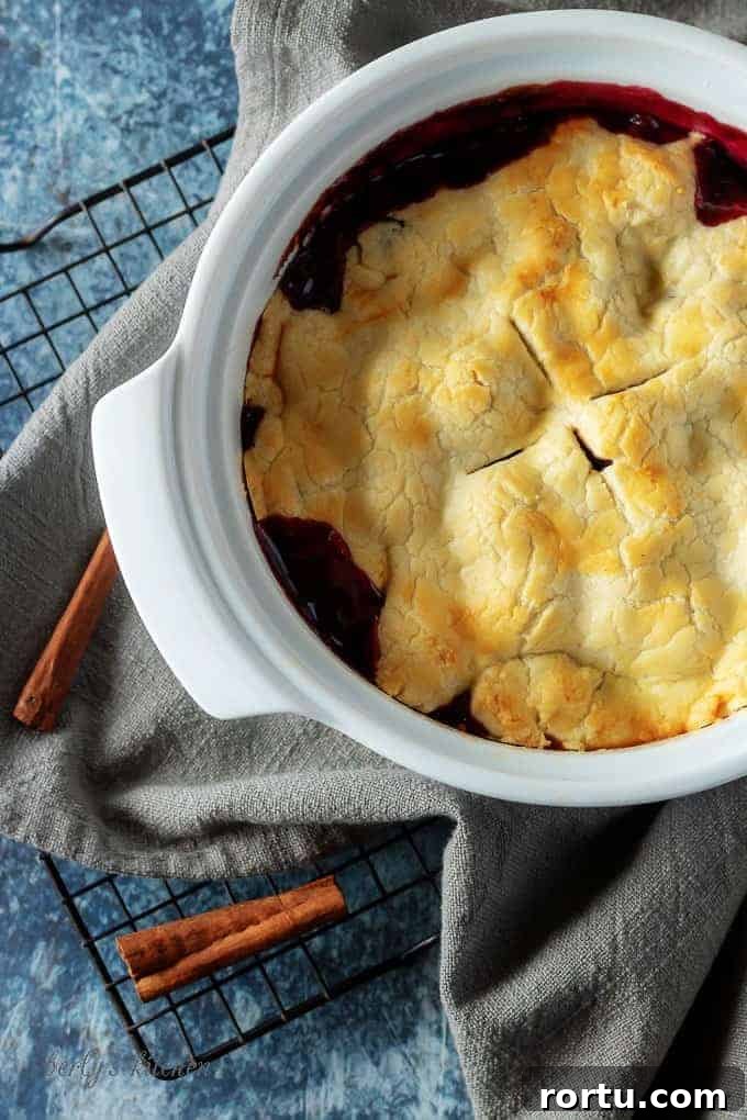 The finished berry cobbler, perfectly baked with a golden brown crust cooling just before being served.