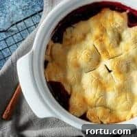 An aerial view of the finished cobbler in a baking dish.