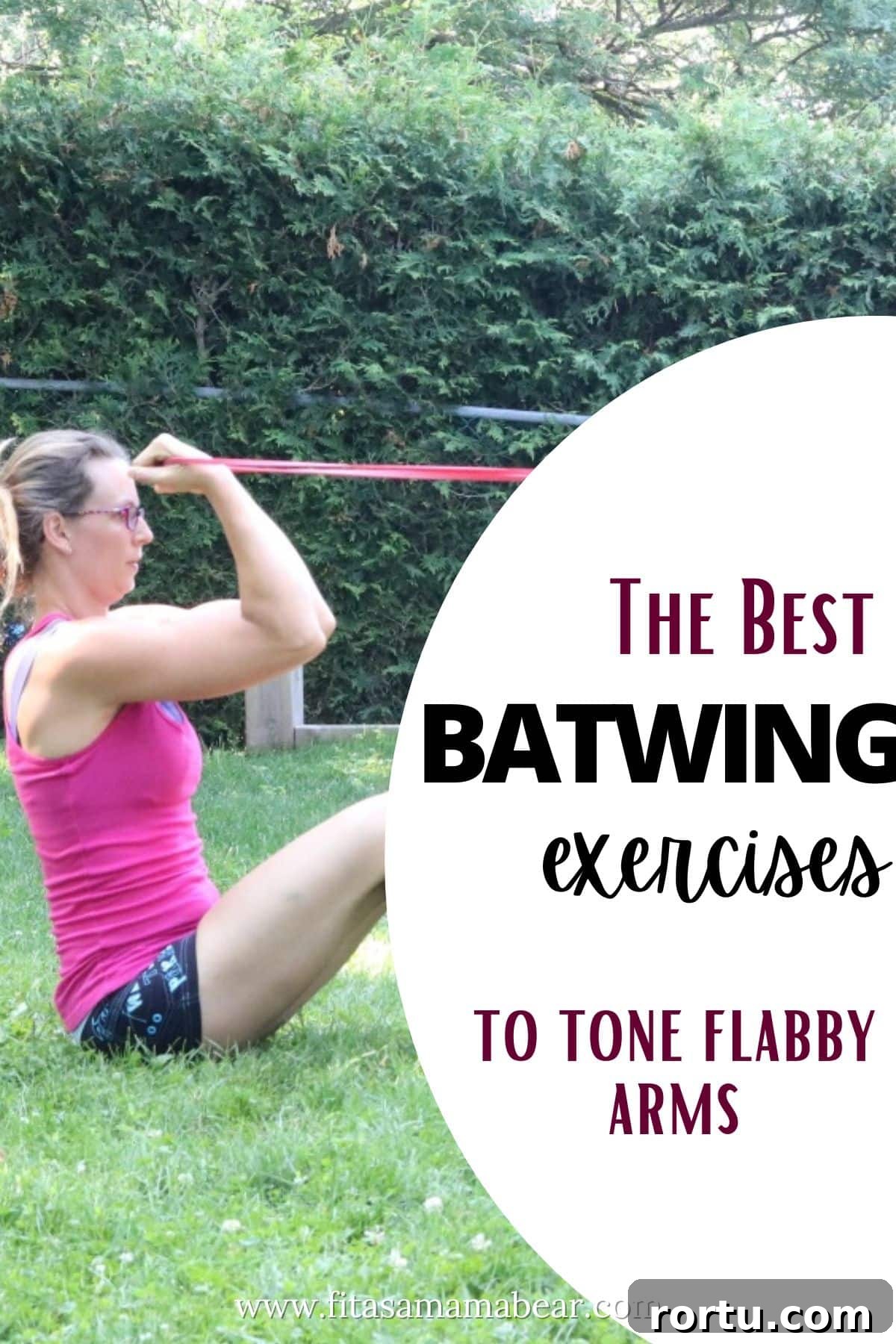 10 Targeted Exercises for Bat Wings + a 10-Minute Arm Routine 2 Pin image with text: woman in pink shirt and dark shorts doing a resistance band bicep curl with text about exercises for batwings