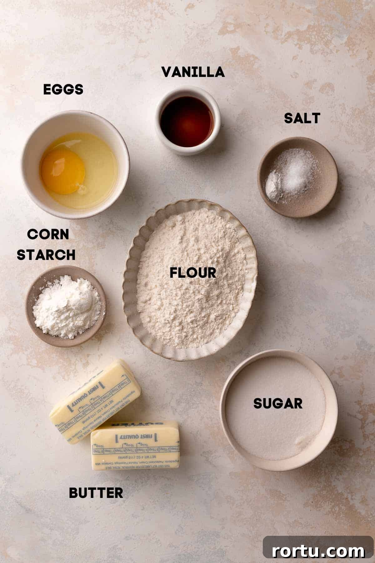Raspberry Jam Linzer Shortbread Cookies: Classic Sandwich Recipe 4 ingredients needed to make the shortbread cookie dough in bowls with labels.