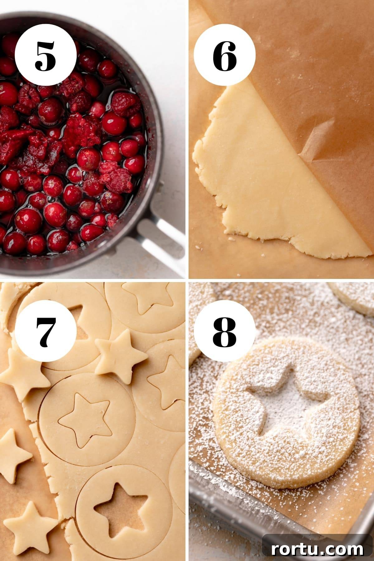 Raspberry Jam Linzer Shortbread Cookies: Classic Sandwich Recipe 7 a process collage of the steps for making linzer tart cookies.