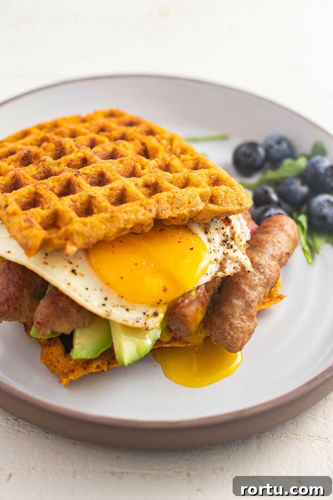 A sweet potato waffle breakfast sandwich with a broken egg yolk dripping out of the side.