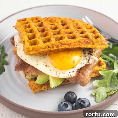 A white plate with a waffle sandwich and blueberries.