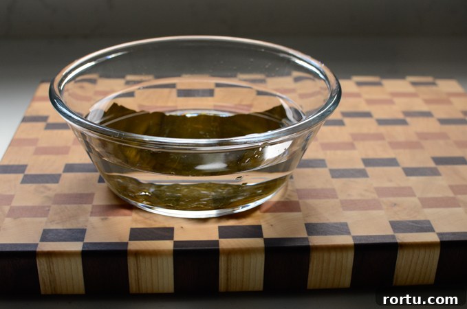 Soaking dried sea kelp in water.