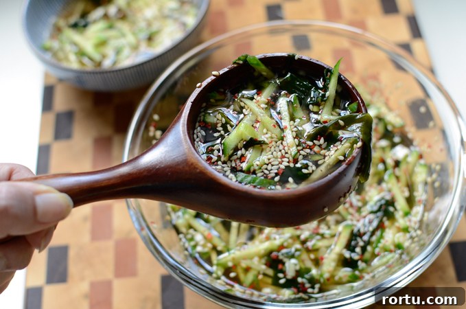 A ladle holding Korean cold seaweed soup.