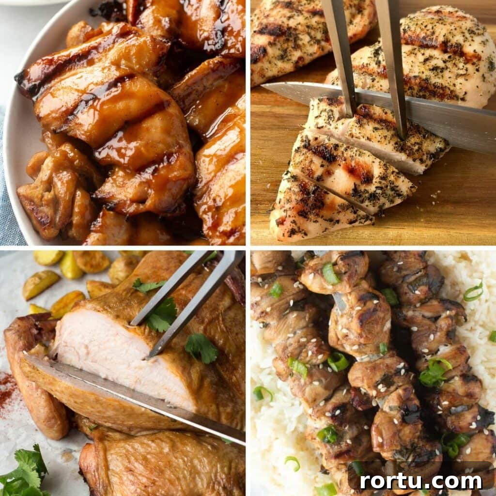 a four picture square collage of different types of grilled chicken. Clockwise from upper left: grilled chicken thighs, sliced grilled chicken breast, grilled chicken kabobs, and a whole smoked chicken.