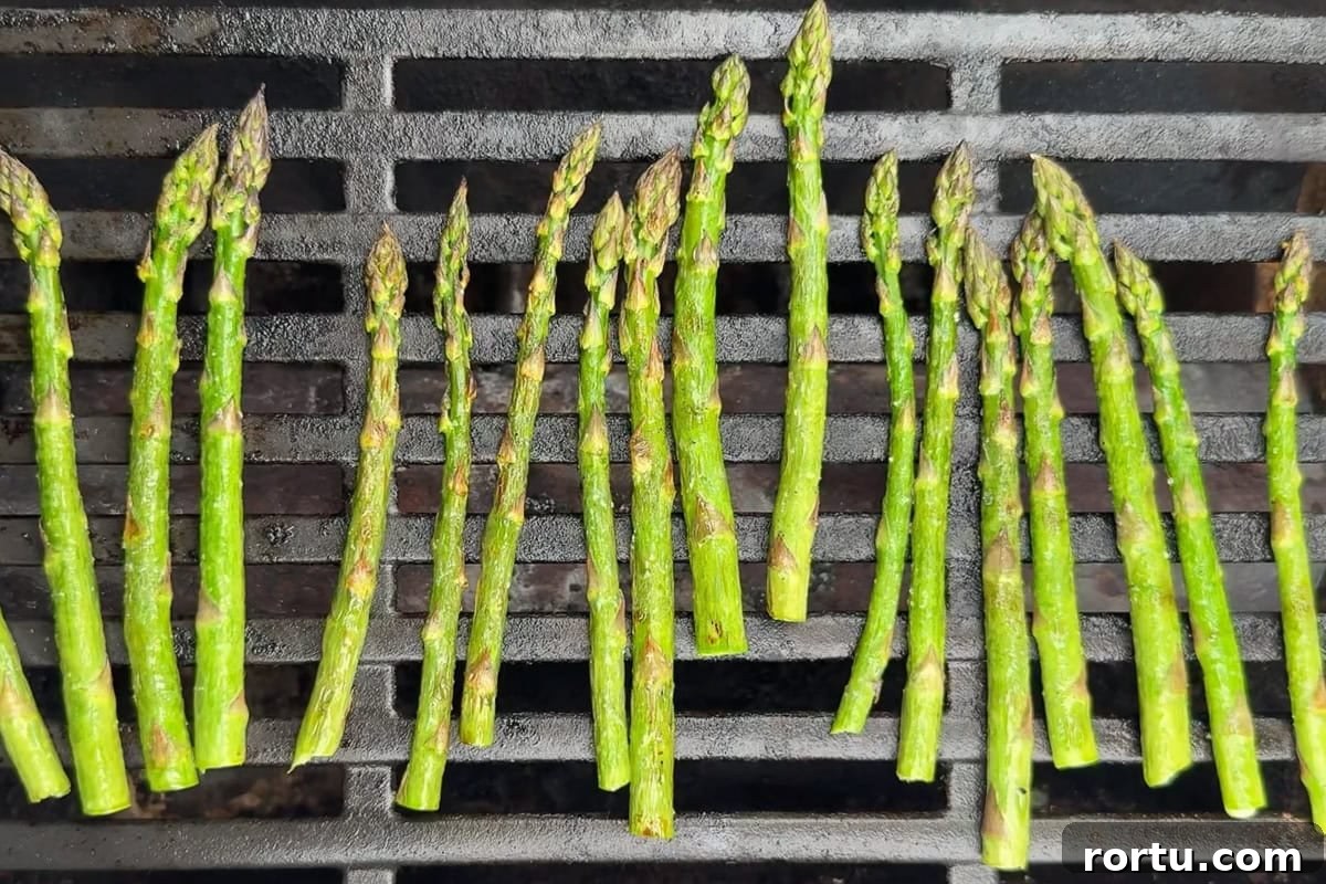 Several spears of asparagus are arranged in a row on a grill, showing grill marks and varying degrees of charring on the vegetables.