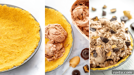 3 steps to make an ice cream pie: empty crust, scoops of ice cream in the crust, then a full ice cream pie with peanut butter cups