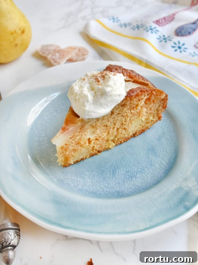 Olive Oil Pear Cake with Ginger and Cinnamon 2 A slice of pear cake with whipped cream on blue plate.