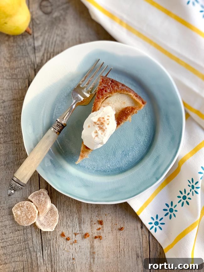 Olive Oil Pear Cake with Ginger and Cinnamon 8 A slice of pear cake on blue plate with dollop of whipped cream.