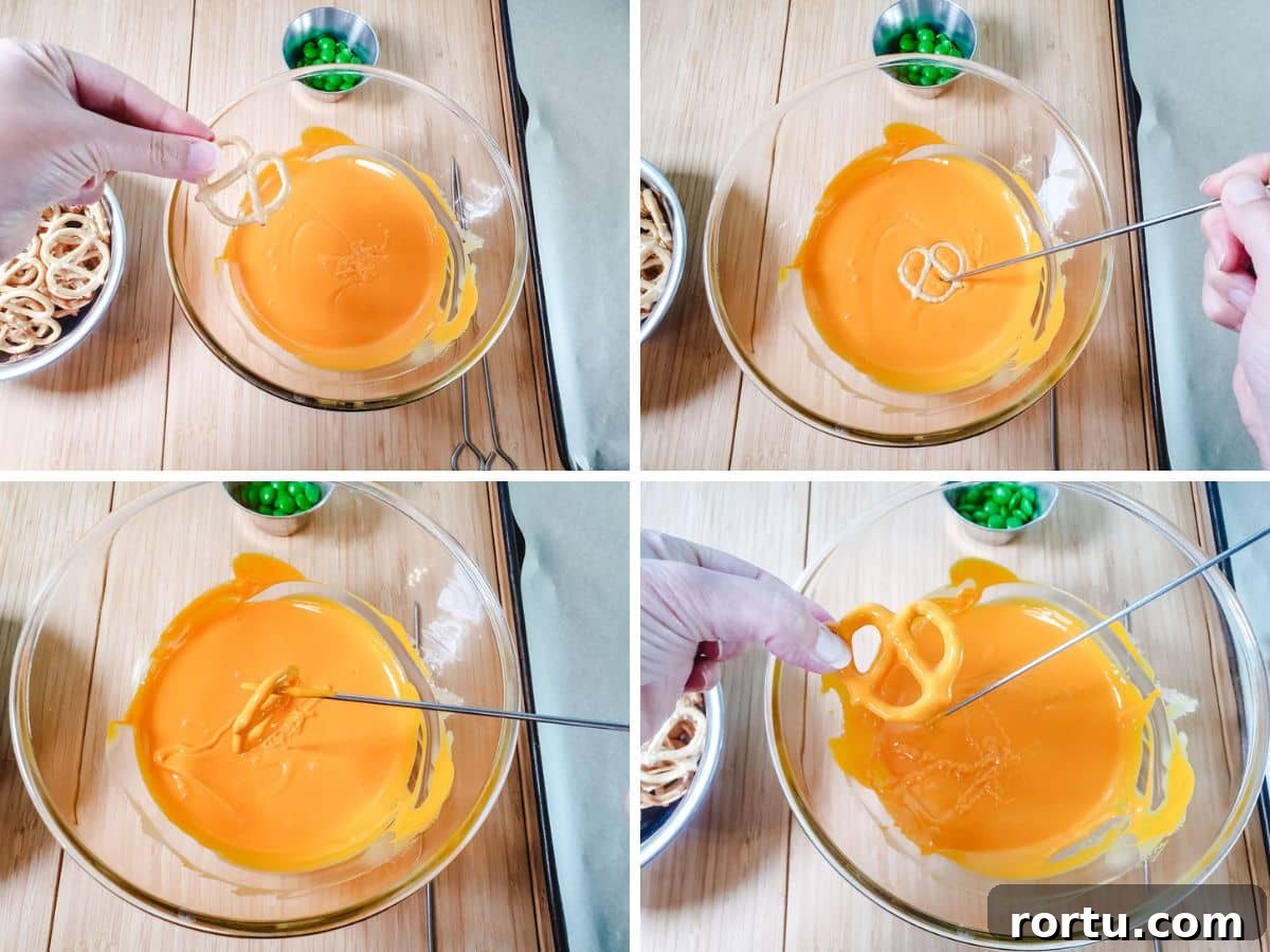 Process shots: dropping pretzels into melted chocolate, pushing down with skewer, fishing out with skewer.