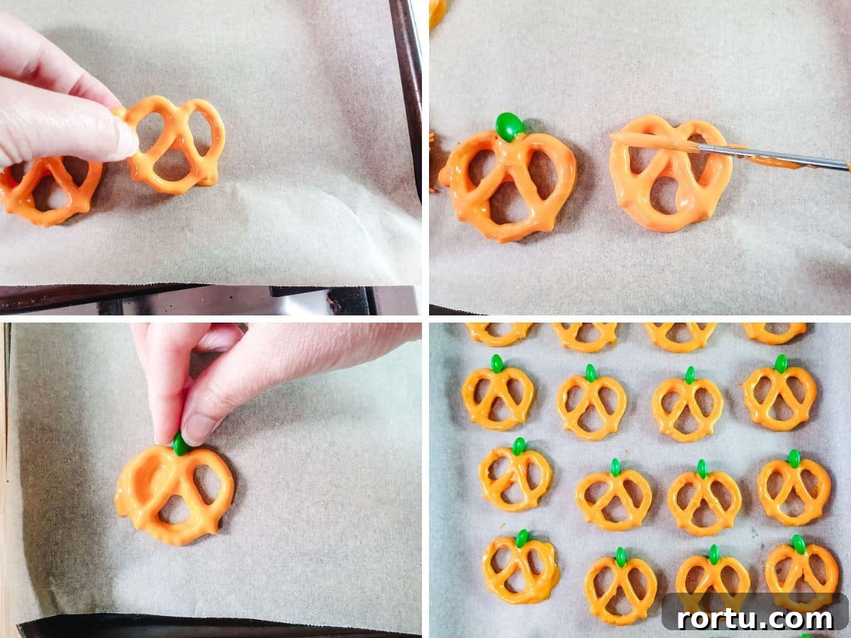 Process shots: laying coated pretzel onto baking paper, fixing gap with a dab of melted chocolate, adding green candy, a tray of hardening pretzels.