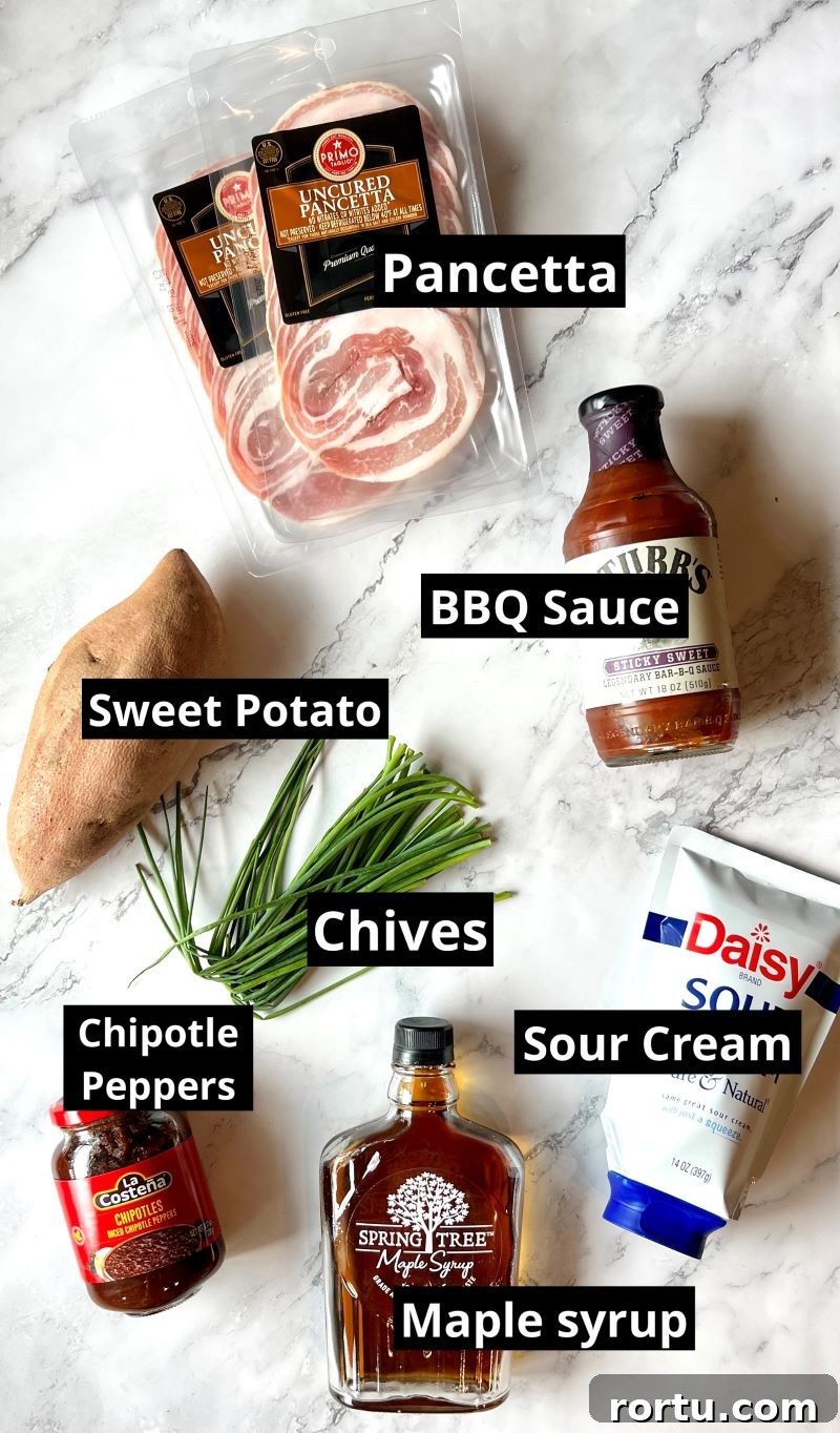 Ingredients- pancetta rounds, sweet potato, BBQ sauce, pure maple syrup, chipotles , chives, and sour cream.