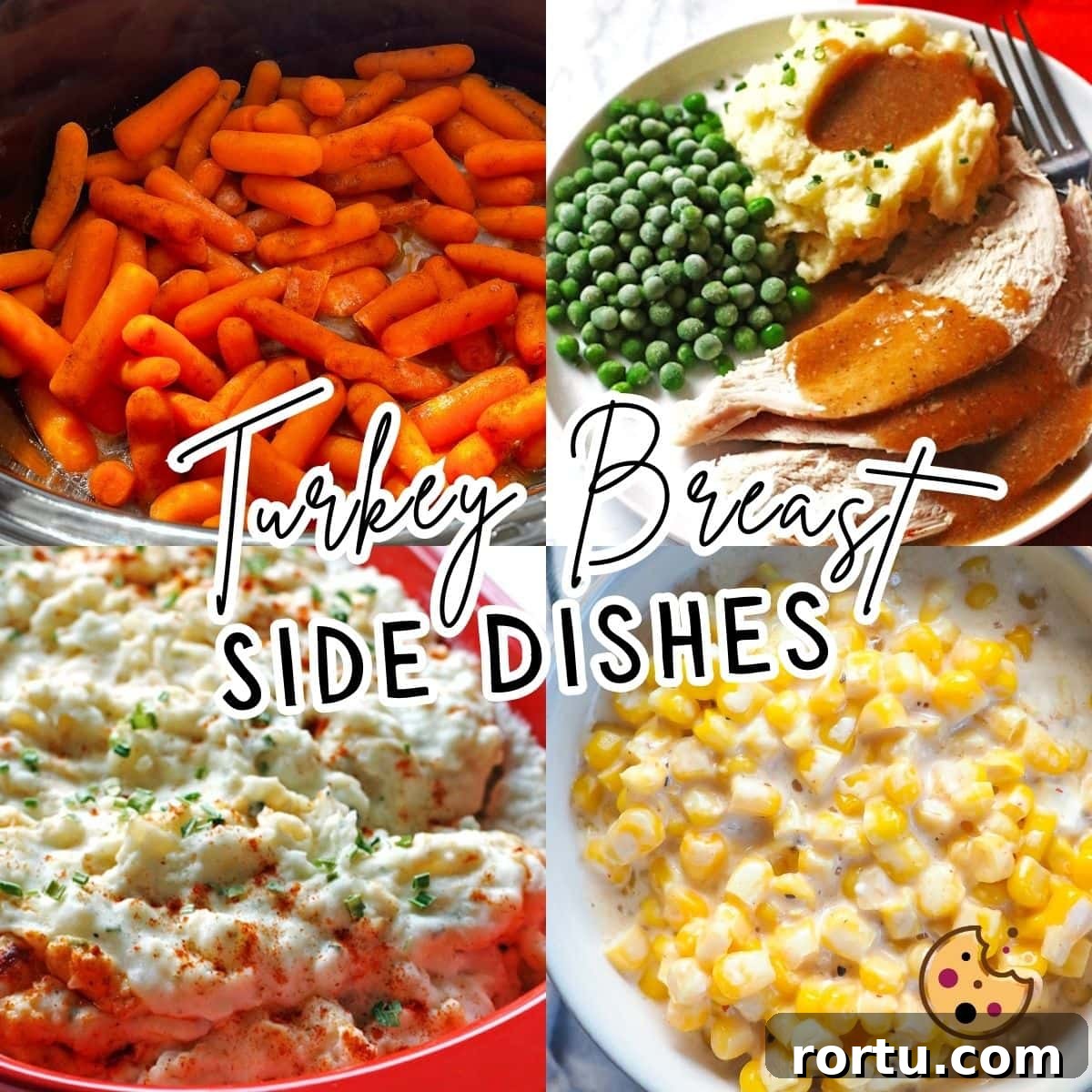 25 Perfect Side Dishes to Serve with Turkey Breast 2 A collage of images showing sides for turkey breast - creamed corn, glazed carrots, and mashed potatoes.