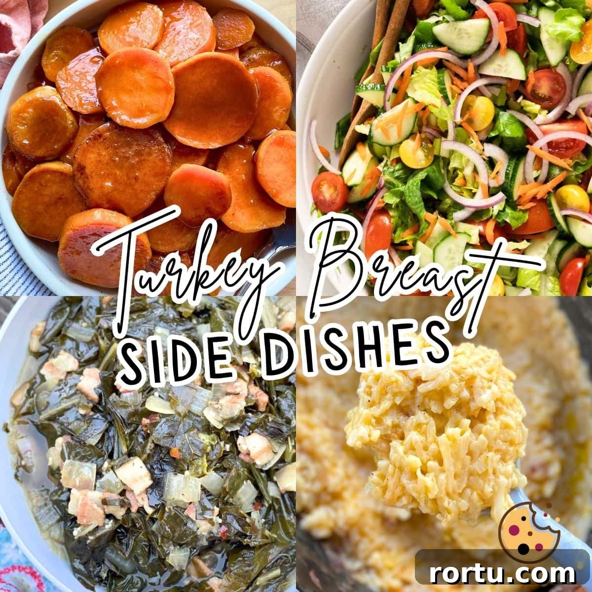 25 Perfect Side Dishes to Serve with Turkey Breast 18 A collage of images showing sides for turkey breast - glazed sweet potatoes, collard greens, salad, and cheesy hash browns.