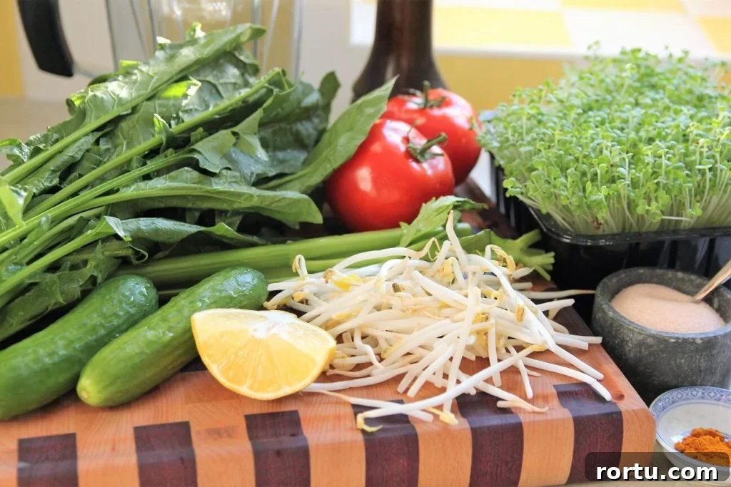Super Green Juice Recipe Without a Juicer — Fresh Homemade Blend 3 green juice recipe - a board full of veggies for green juice