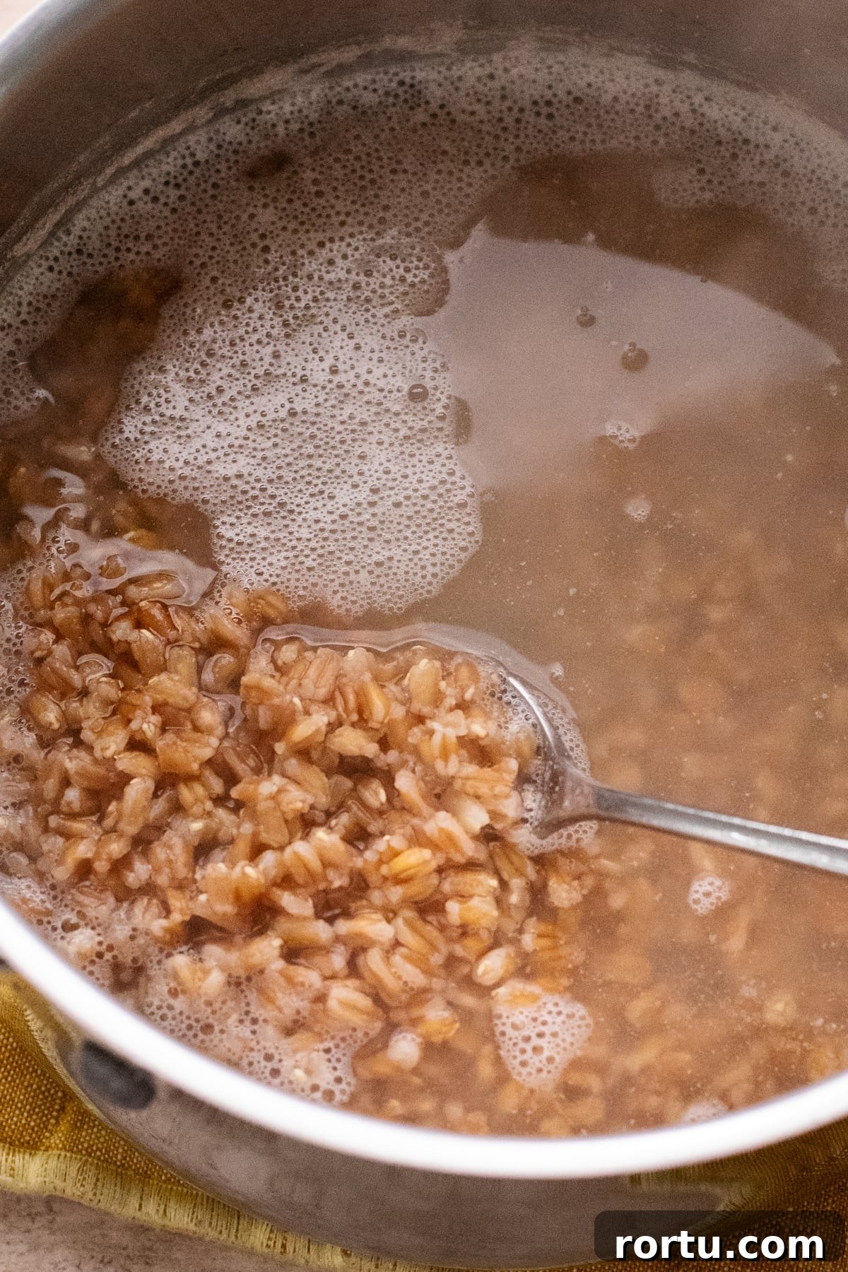 Summer Farro Salad with Cherries and Chickpeas for Picnic Menus 4 Farro being stirring in a pot of water with silver spoon.