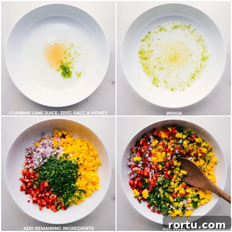 Lime juice, lime zest, salt, honey, and the rest of the ingredients being added to a bowl and mixed together to make strawberry mango salsa.