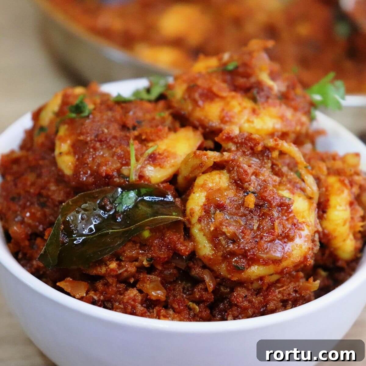 mangalorean prawn sukka served in a white bowl.