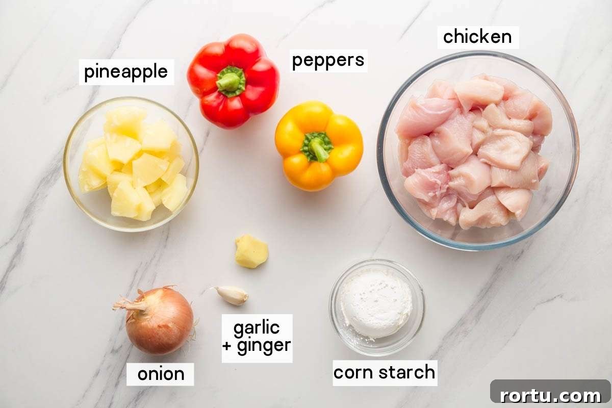 Ingredients for this recipe are: chicken, peppers, pineapple, onion, corn starch, garlic and ginger