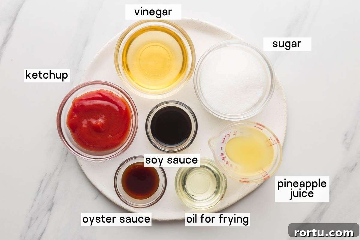 Ingredients to make the sauce, are: Sugar, vinegar, ketchup, soy sauce, pineapple juice, oyster sauce and oil for frying. 