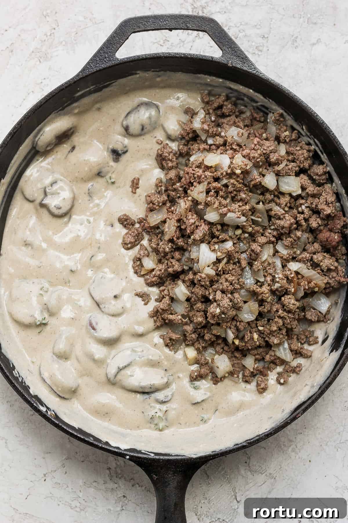 Stroganoff sauce ground beef stroganoff sauce in a cast iron skillet