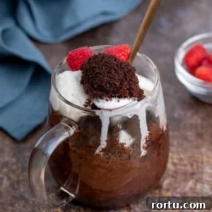Spoonful of rich chocolate cake lifted from a glass mug, served with vanilla ice cream and raspberries.