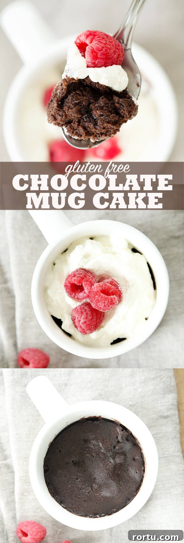 Close up of mug cake with whip cream and raspberries on a gray towel