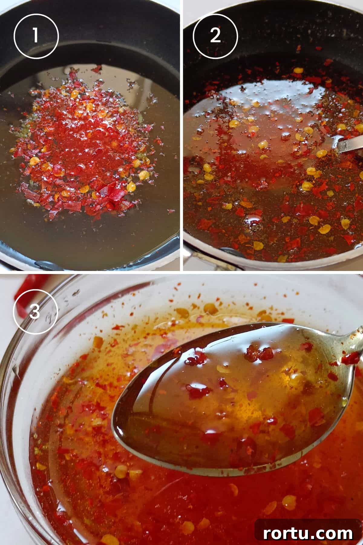 How to Make Homemade Hot Honey Sauce for Wings and Drizzle 4 3 images showing combining and simmering hot honey sauce in a saucepan.