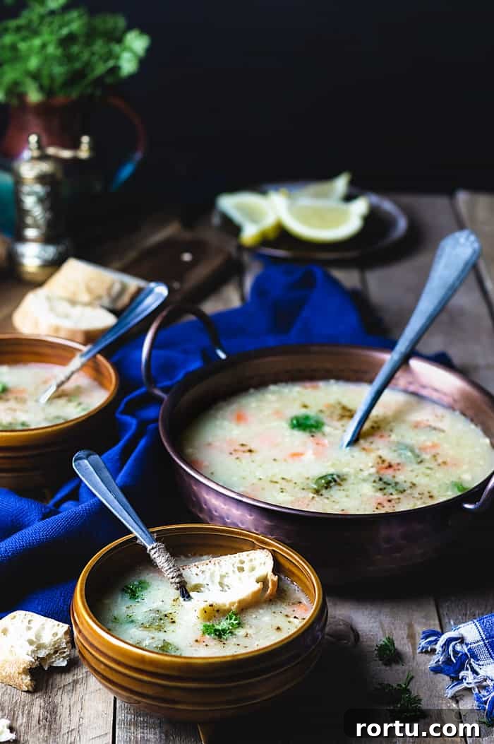 Bosnian Chicken Soup (Bey’s Soup) — Instant Pot & Stovetop Recipe 2 ¾ view of served soup in brown bowls with spoons
