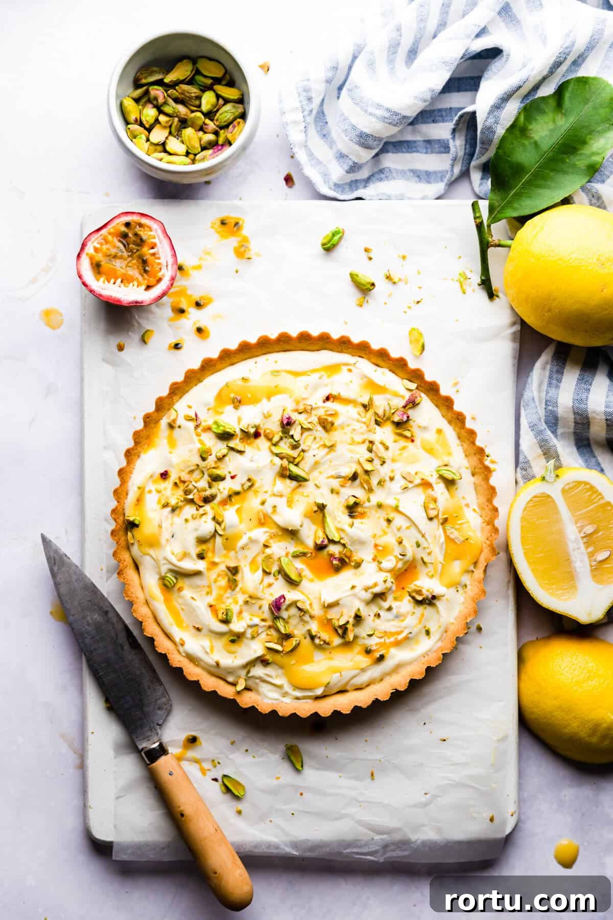 Lemon Mascarpone Tart Recipe — Creamy Citrus Dessert 8 top view photo of tart with mascarpone and citrus curd
