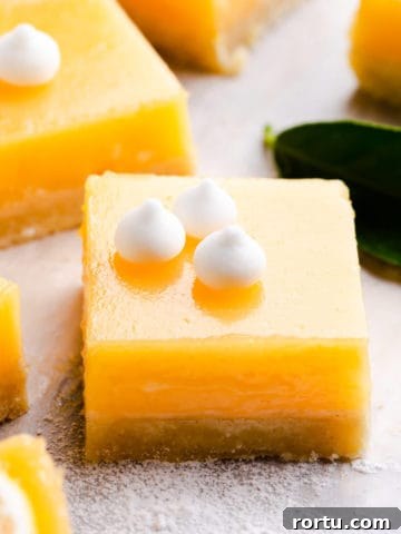 side angle super close up at a square slice of lemon curd bars topped with mini-meringue
