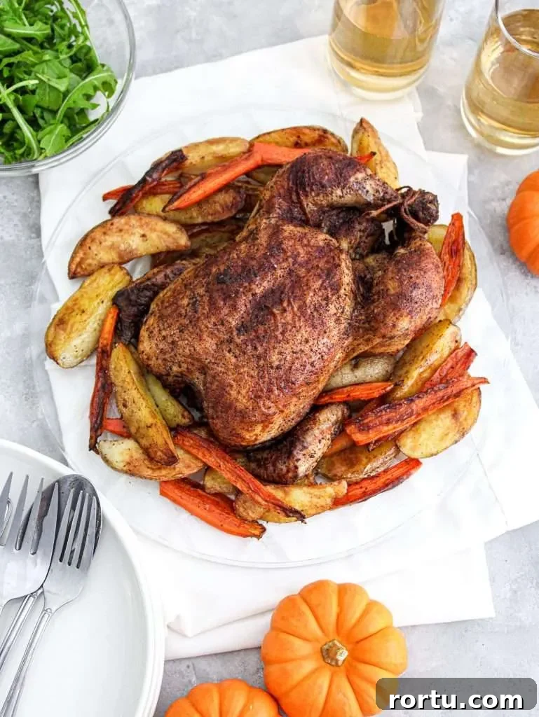 fall spice roasted chicken in plate over roasted veggies