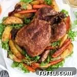 fall spice roasted chicken in plate over bed of veggies