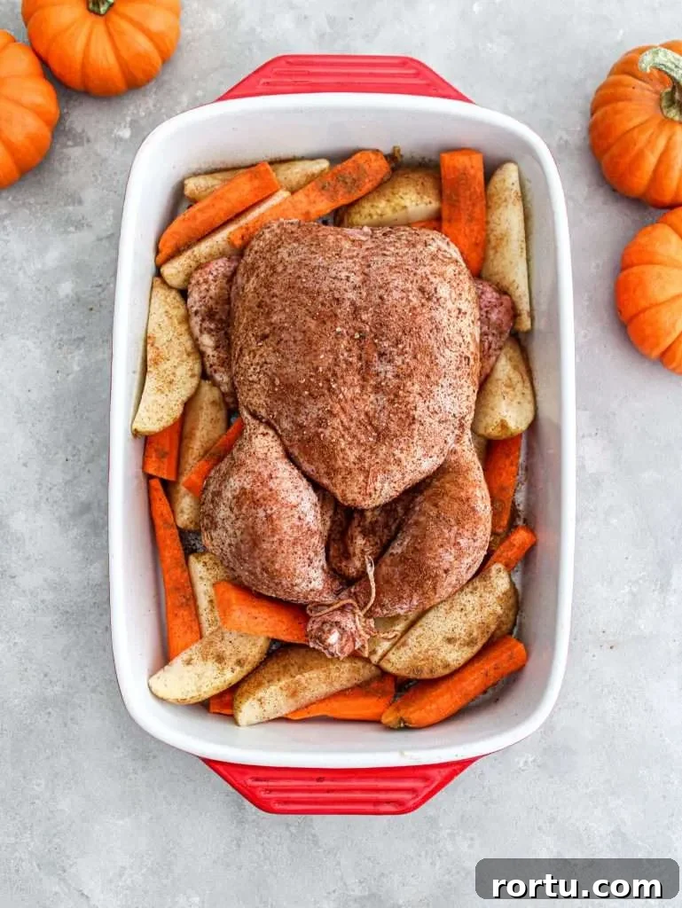 fall spice roasted chicken raw chicken in baking dish over bed of veggies