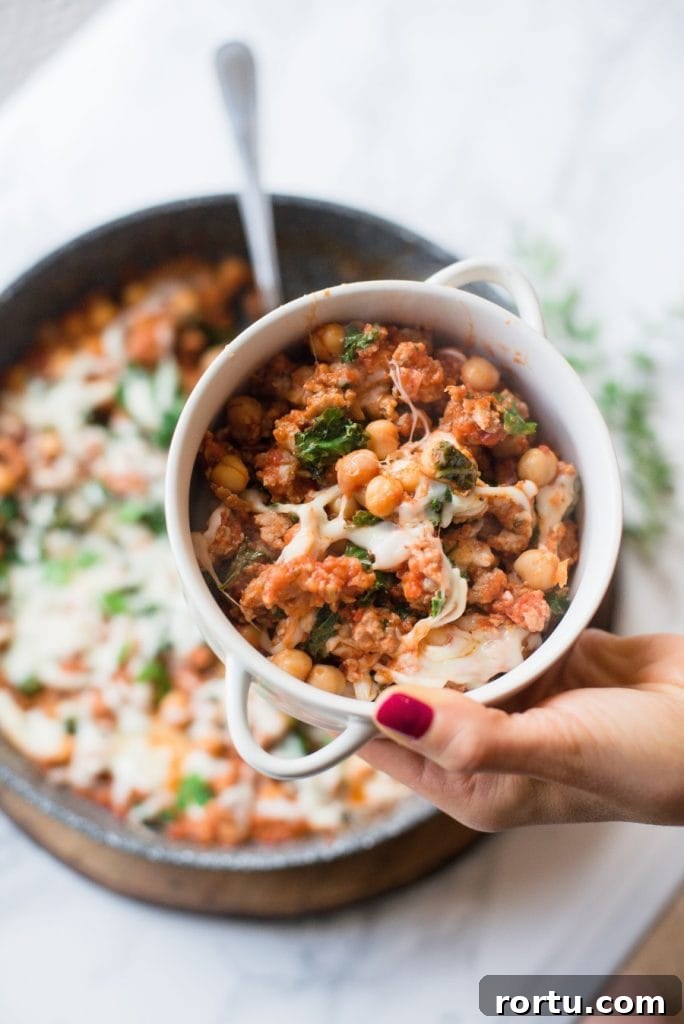 Sausage, White Bean & Kale Skillet Dinner Recipe 4 A small crock of sausage bean and kale skillet for the 21 day fix.