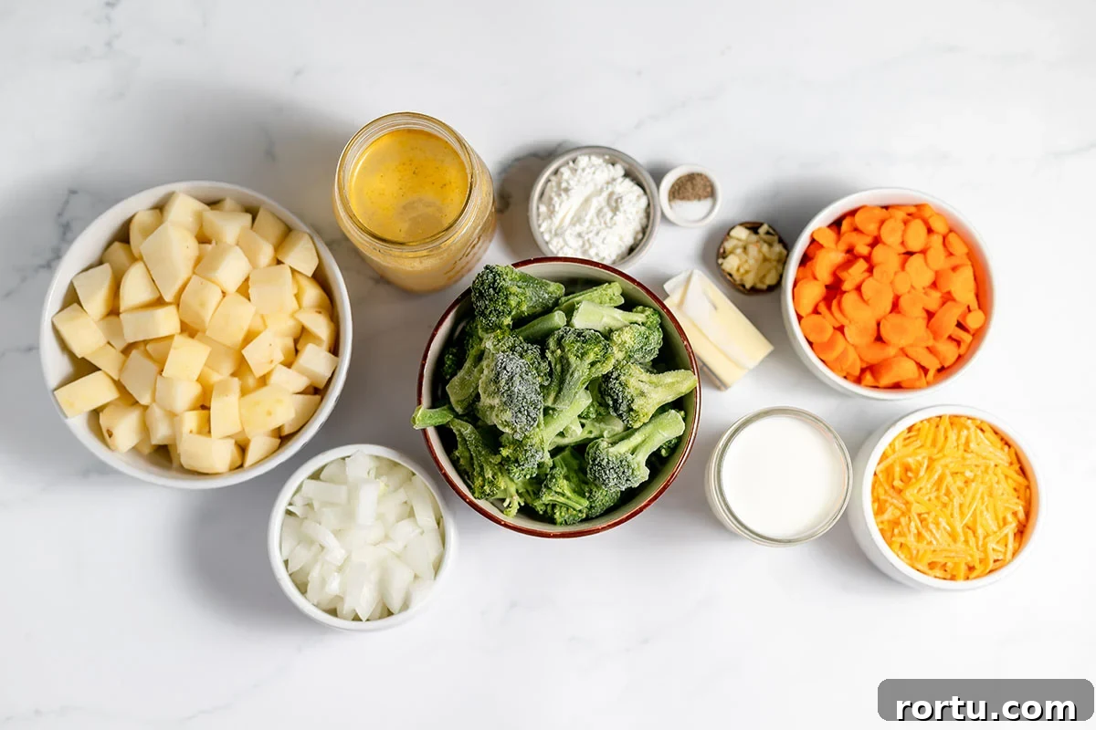 Creamy Broccoli, Potato & Cheddar Soup Recipe 3 Ingredients to make Broccoli Potato Cheese Soup set out on the counter.