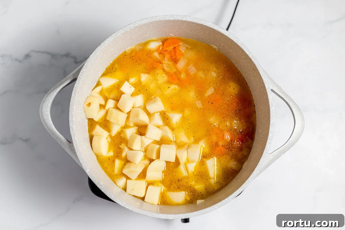 Creamy Broccoli, Potato & Cheddar Soup Recipe 6 Diced potatoes and chicken broth were added to the stock pot.