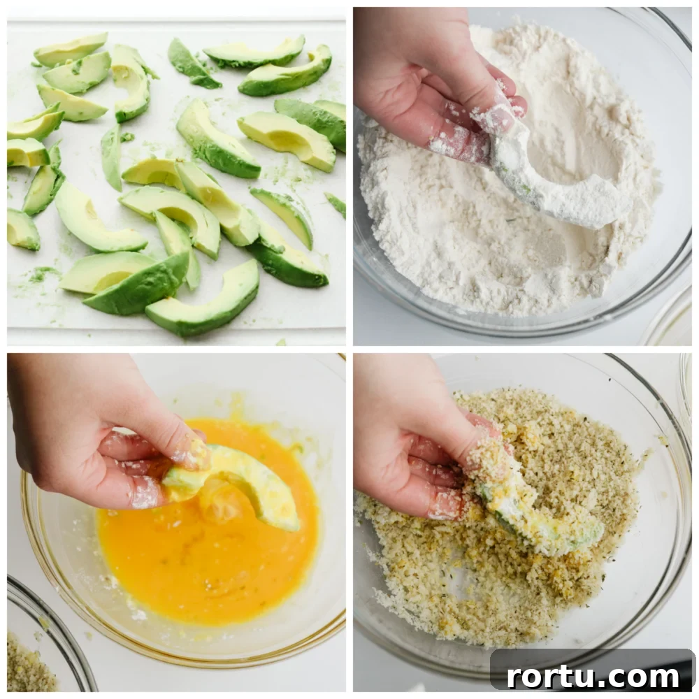 Process shots of breading avocado slices.