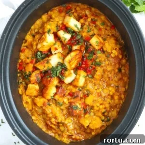 Simple Slow Cooker recipe for Red Lentil Dahl. The cooked dish.