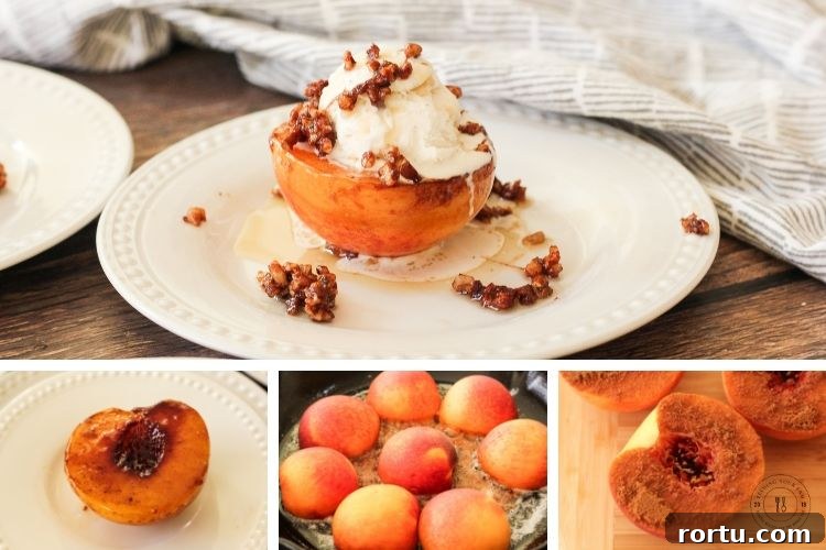 collage of caramelized peaches, brown sugar coated peach, peaches in a pan and caramelized peach on a plate