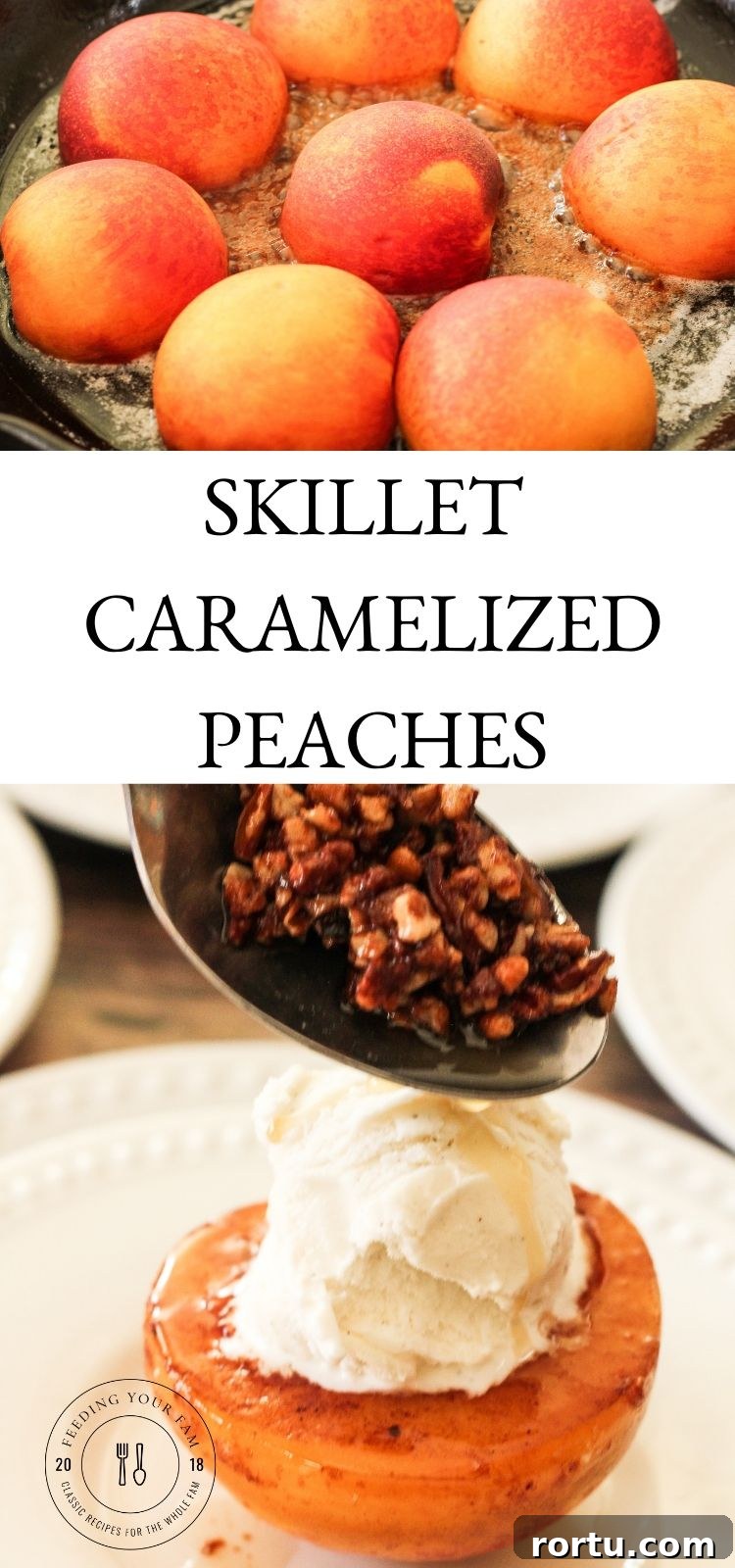 peaches in a pan on top and spooning toasted pecans over a peach on the bottom