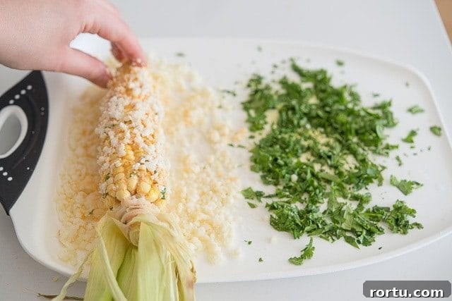 Rolling Corn Cob into Cotija Cheese