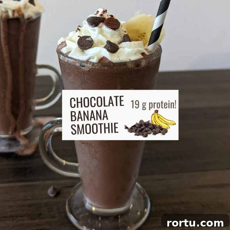chocolate banana smoothie protein shake with whipped cream yogurt and cocoa