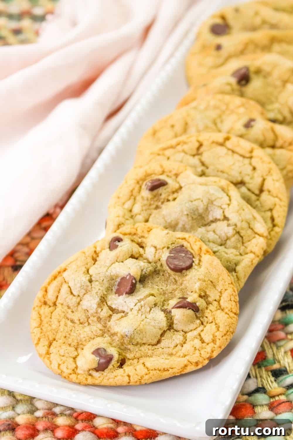 Chocolate Chip Cookies Without Butter — Made with Oil 11 several chocolate chip cookies made with vegetable oil are served on a white platter