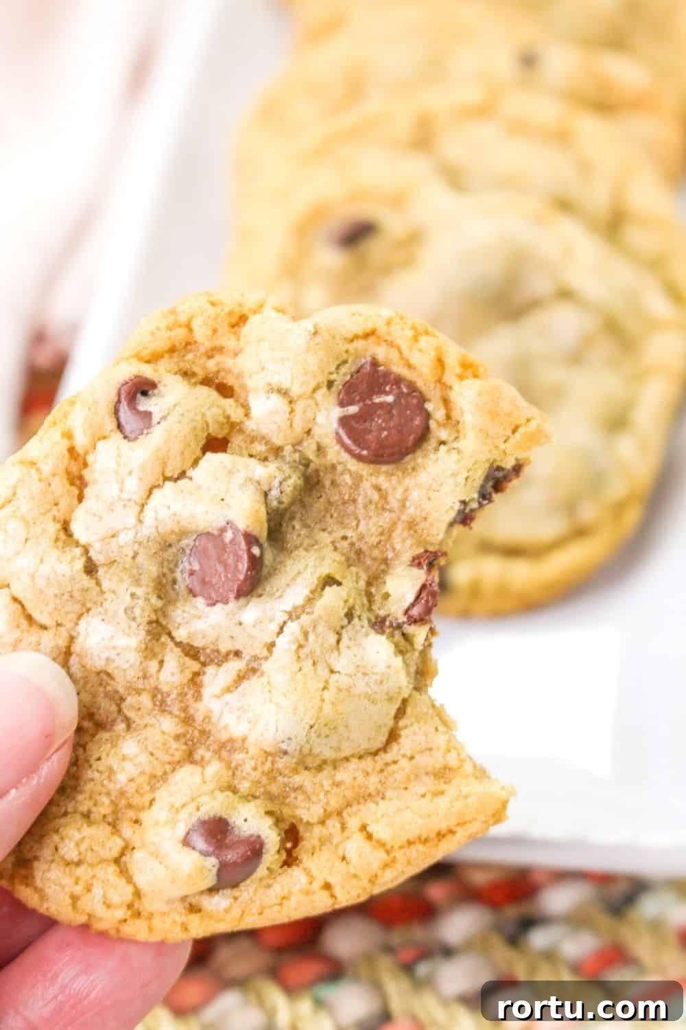 Chocolate Chip Cookies Without Butter — Made with Oil 3 a woman's hand holds a no butter chocolate chip cookie with a bite taken out of it